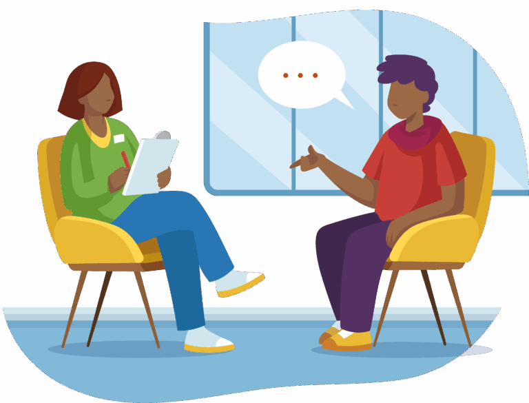 illustration of two people sitting in separate chairs talking during a counselling session